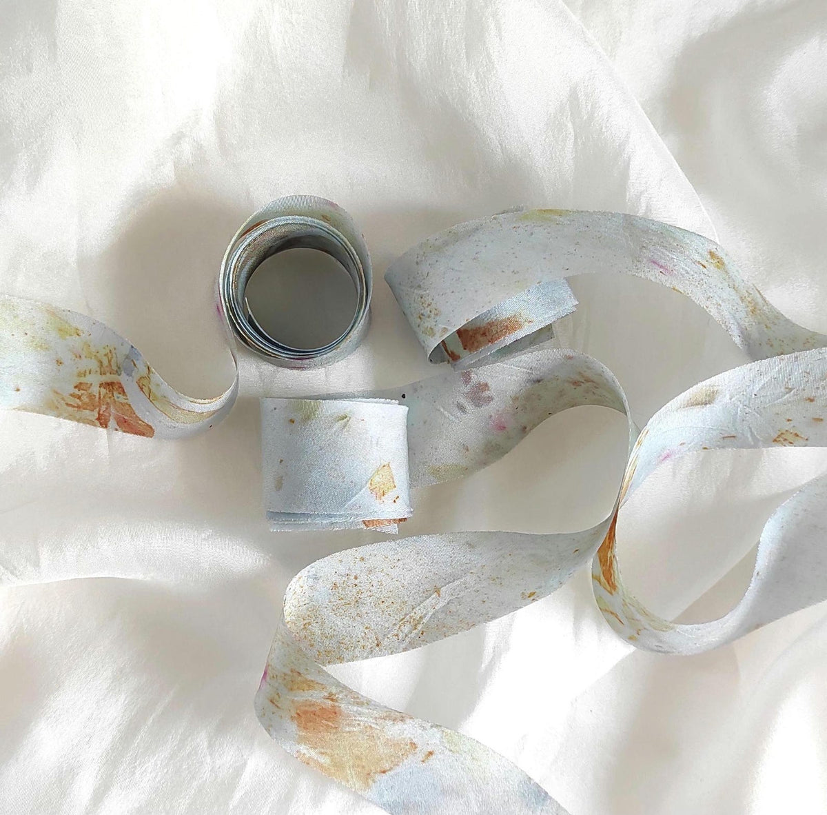 Hand-Dyed Botanical Print Silk Ribbon, Light Blue Floral Habotai