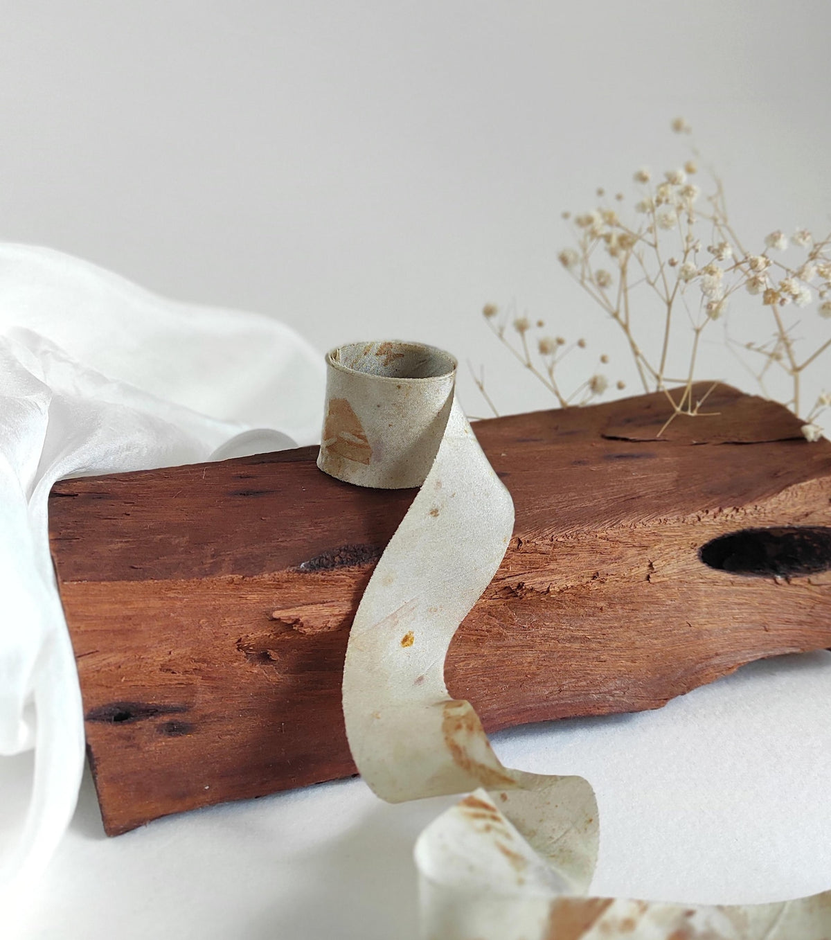 Hand-Dyed Silk Ribbon in tone brown, Botanical Print organic ribbon for gift wrapping, Eco-print sustainable ribbon in plant and leaves