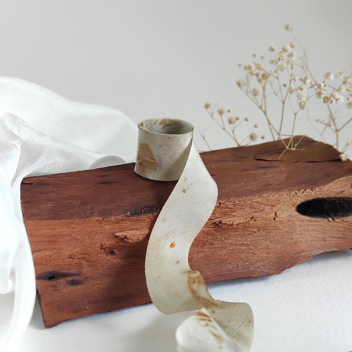 Botanical Print Silk Ribbon, Eco-Dyed Habotai ribbon, Light Brown ribbon