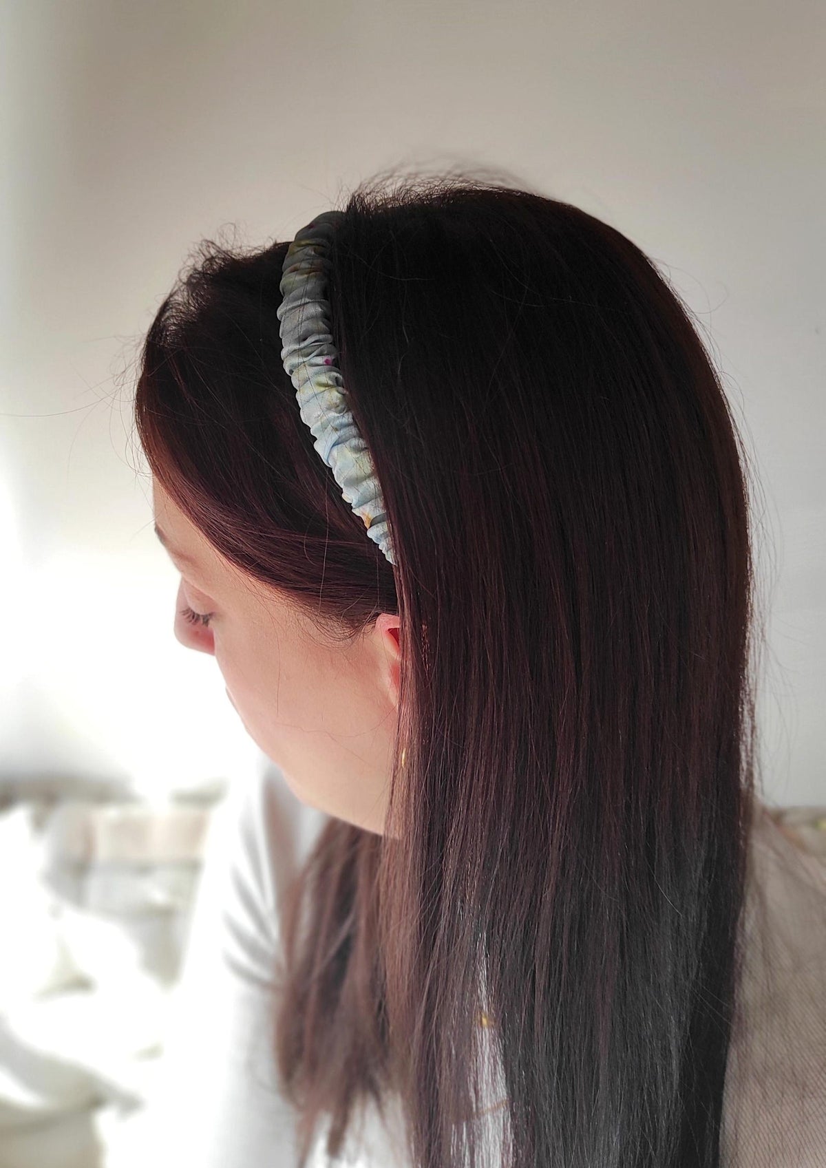 Indigo blue dyed silk headband, Pleated boho hair band, Thin organic silk elastic