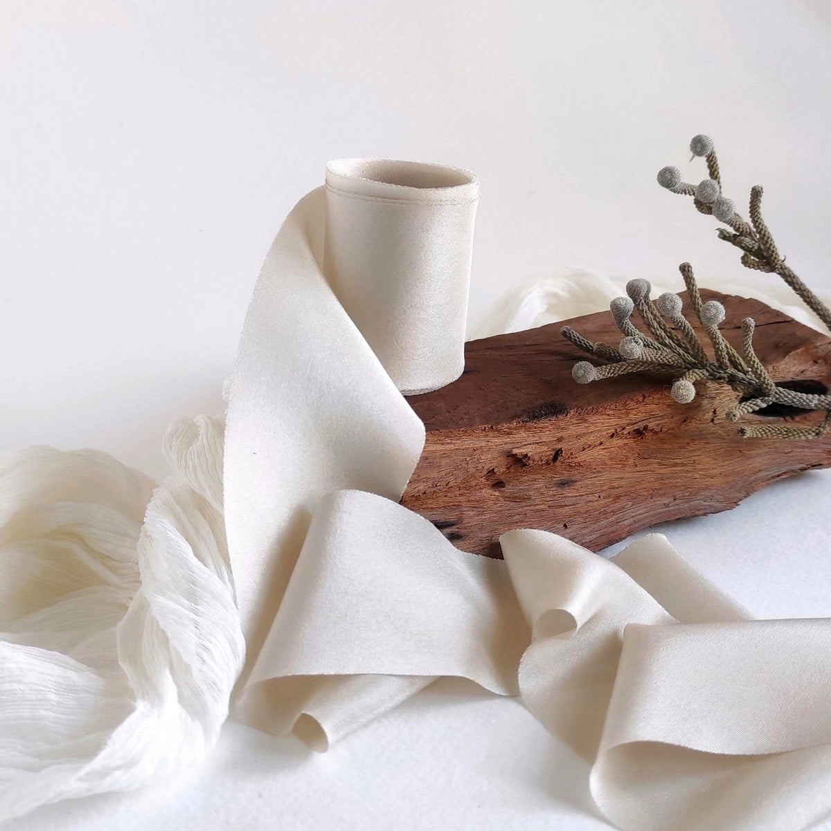 Hand Dyed Bone Silk Ribbon, Boho Bridal Bouquet, Plant-Dyed silk ribbon