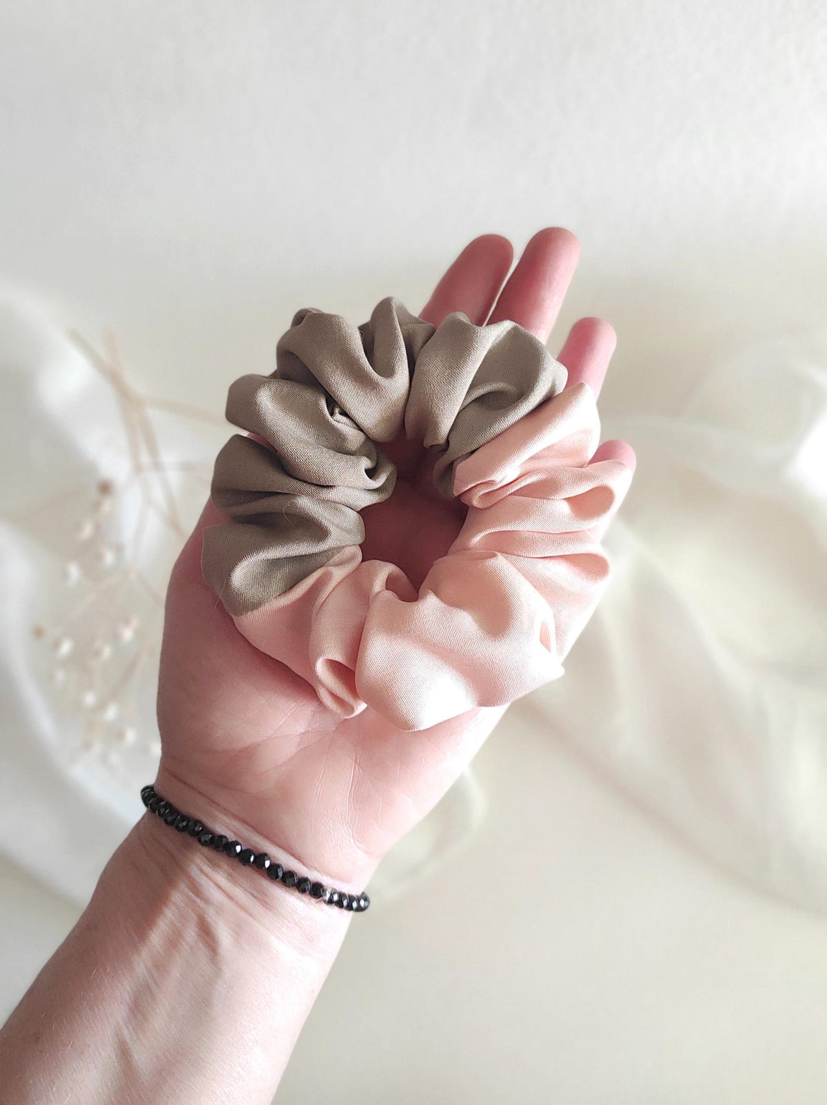 Plant-dyed silk scrunchie, Pink & taupe hair tie, Natural dyed elastic for sister gift