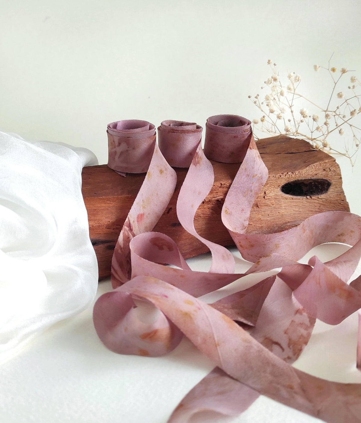 Hand dyed purple silk ribbon, Botanical print thin organic ribbon, Ecological raw edge ribbon for boho style
