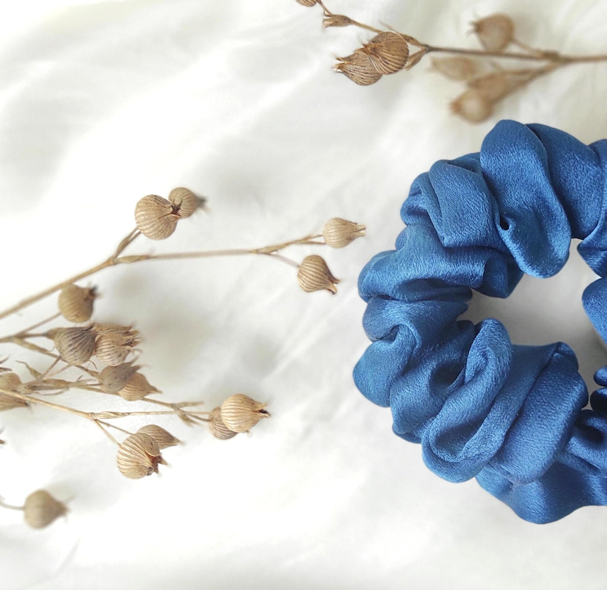 Indigo blue silk scrunchie, Hand-dyed botanical hair tie, Plant dyed hair elastic for curly hair