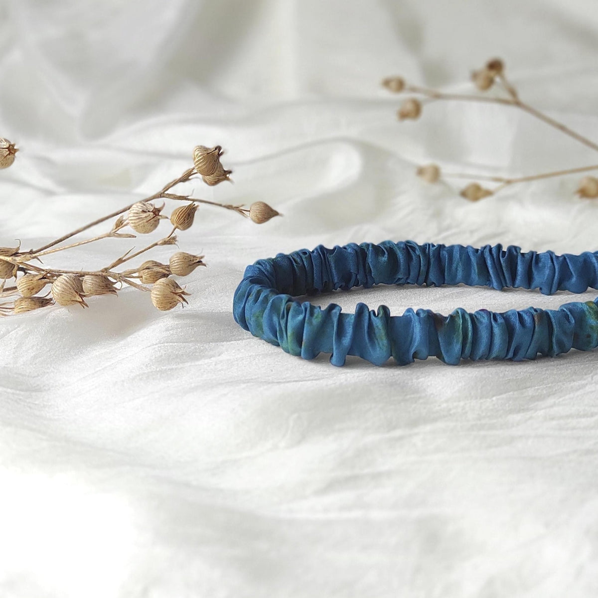 Handmade Indigo Silk Headband, Organic Plant Print, Pleated Hair Band