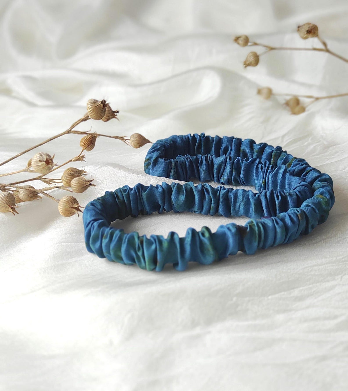 Indigo blue natural silk headband, Hand-Dyed pleated hair band, Organic print thin elastic for curly hair