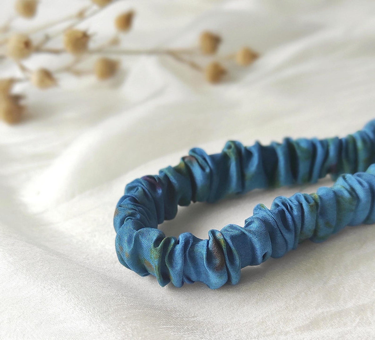 Indigo blue natural silk headband, Hand-Dyed pleated hair band, Organic print thin elastic for curly hair