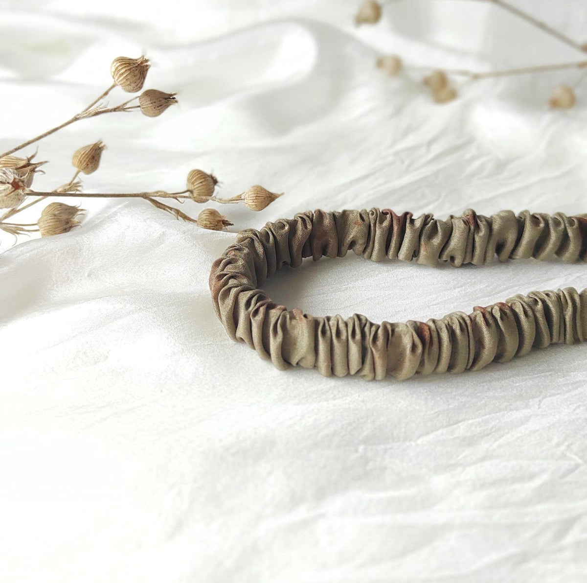 Khaki green silk hair headband, Plant dyed organic hair elastic, Thin elastic headband for curly hair