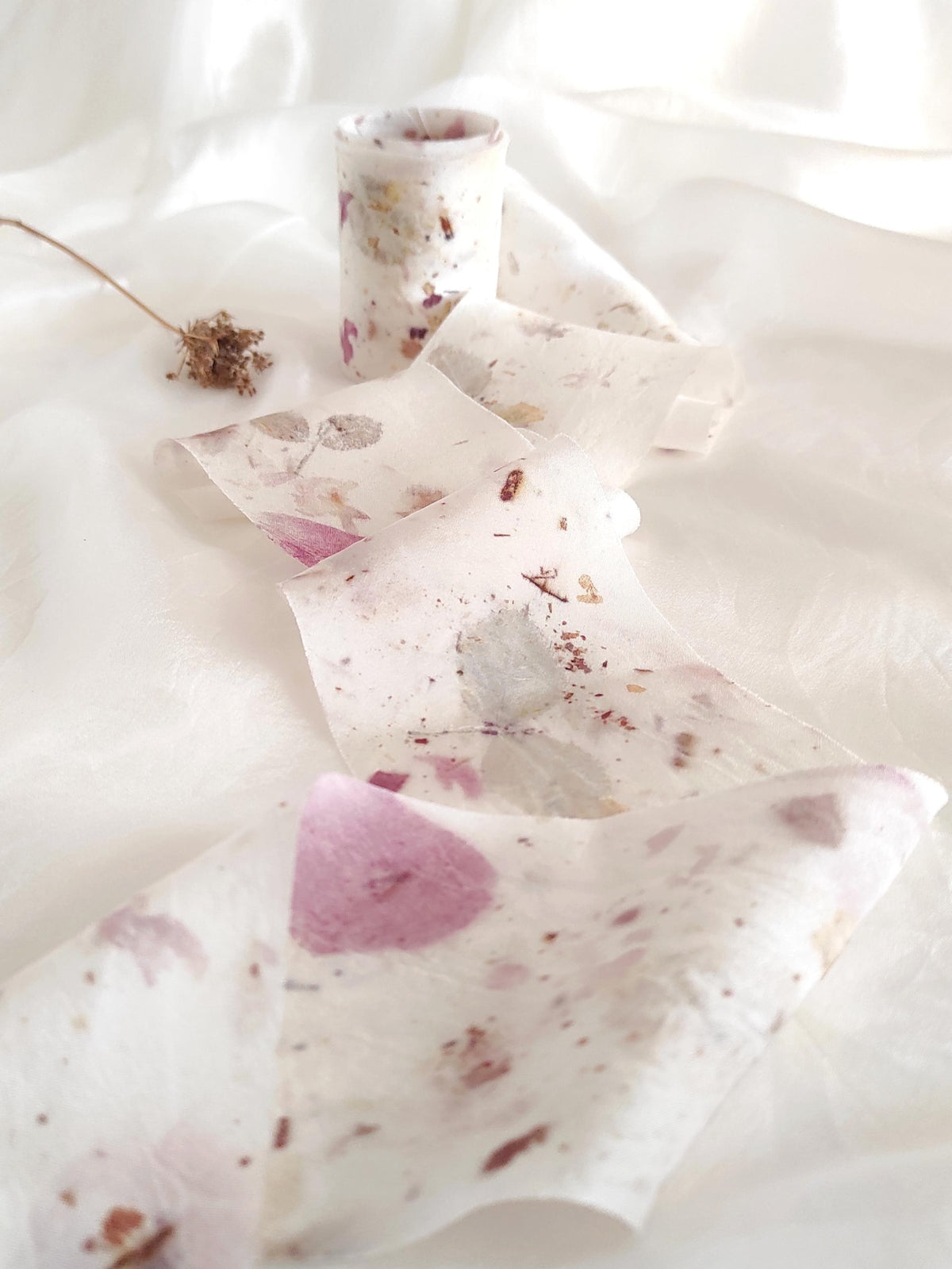 Botanical Dyed Silk Ribbon, Wide Eco-Print Organic Bridal Bouquet Decor