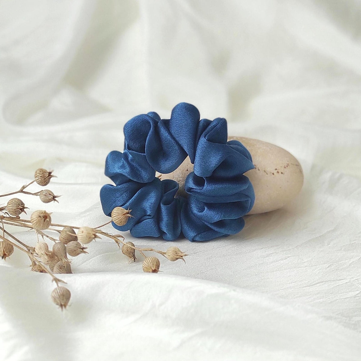 Indigo blue silk scrunchie, Hand-dyed botanical hair tie, Plant dyed hair elastic for curly hair