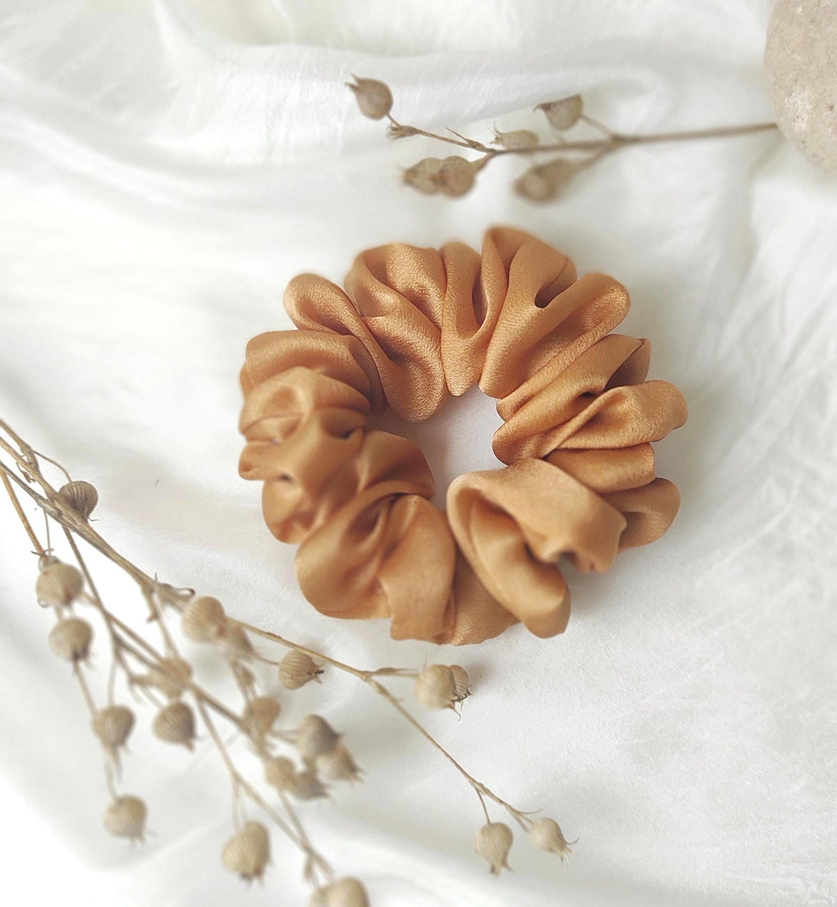 Botanically Dyed Silk Scrunchie, Rust Satin Hair Tie, Eco Friendly Elastic