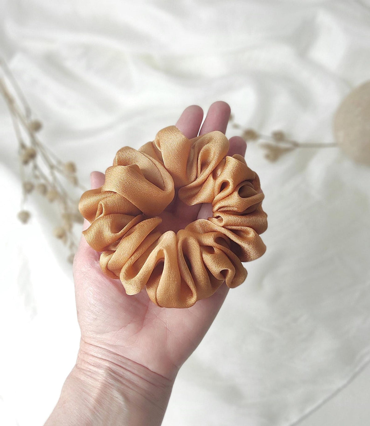 Botanically Dyed Silk Scrunchie, Rust Satin Hair Tie, Eco Friendly Elastic
