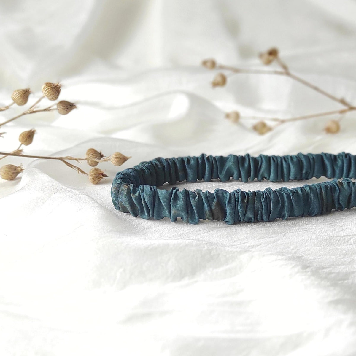 Hand-Dyed Silk Headband, Eco Print Hairband, Copper blue fall Accessory