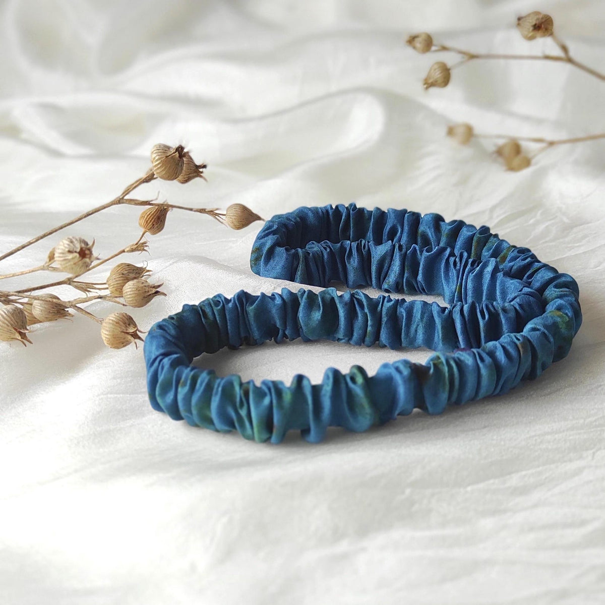 Handmade Indigo Silk Headband, Organic Plant Print, Pleated Hair Band