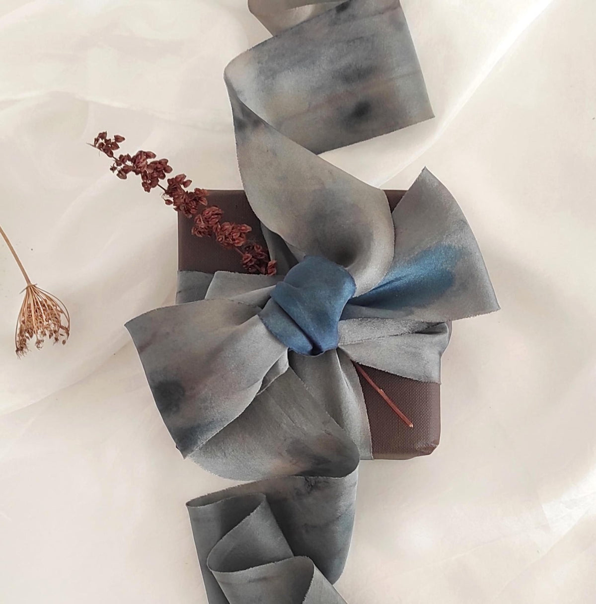 Botanically dyed indigo blue silk ribbon, Gift wrap silk ribbon, Handmade organic ribbon