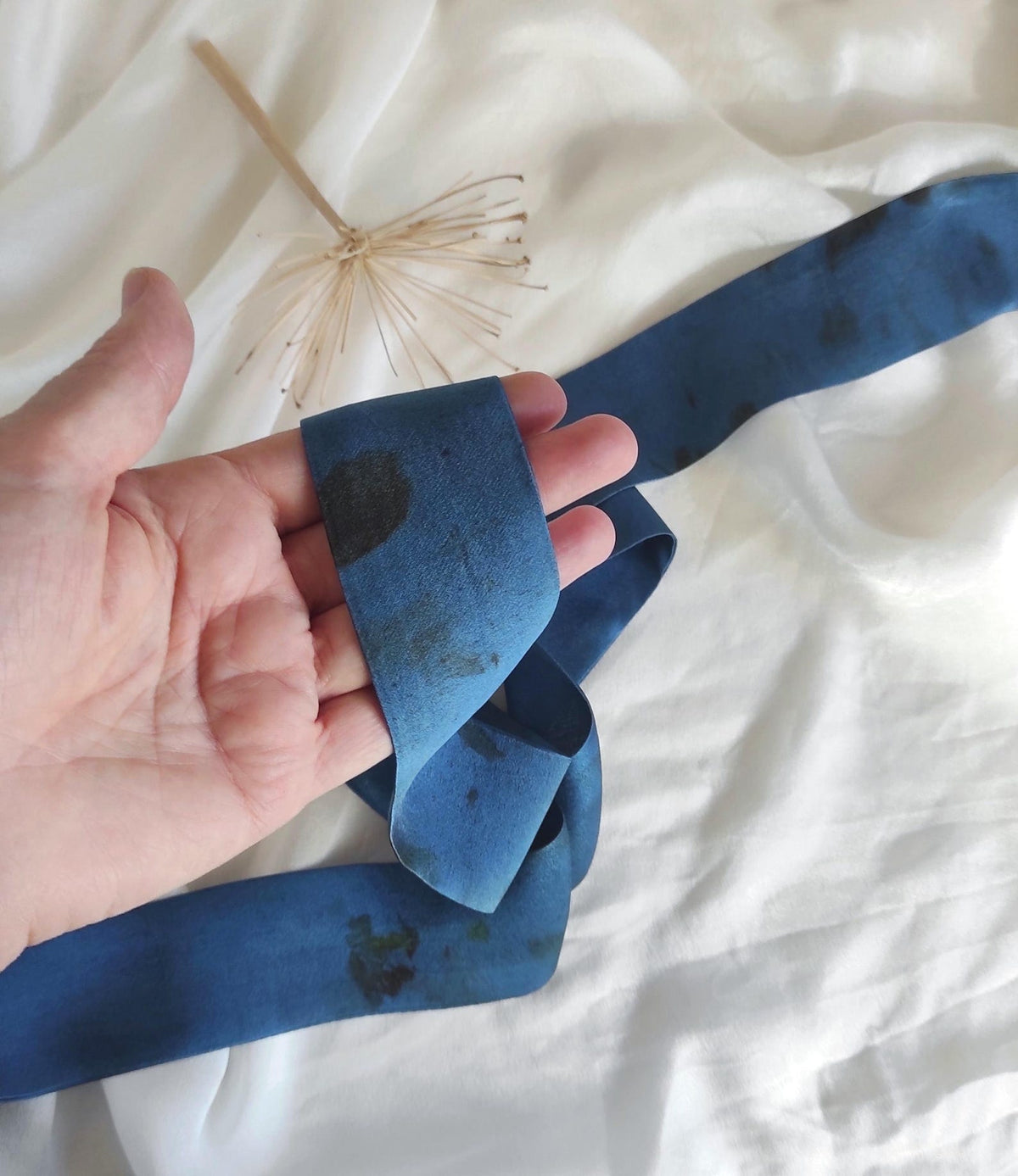Botanical dyed silk hair ribbon, Eco-Friendly satin silk hair tie, Leaf print hair band in color blue