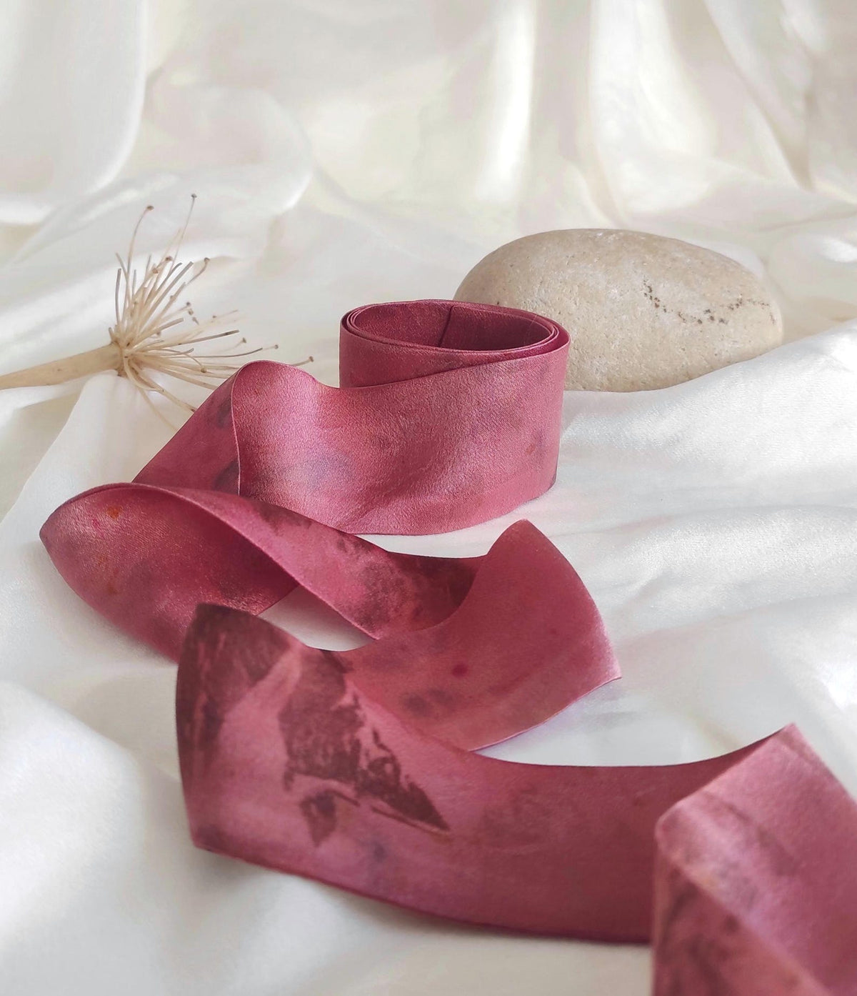 Botanical Print Mulberry Silk Headband, Dark Pink Boho Hair Ribbon, Eco-Printed Leaves Organic Band