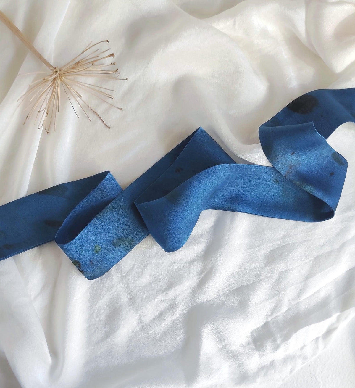 Botanical dyed silk hair ribbon, Eco-Friendly satin silk hair tie, Leaf print hair band in color blue