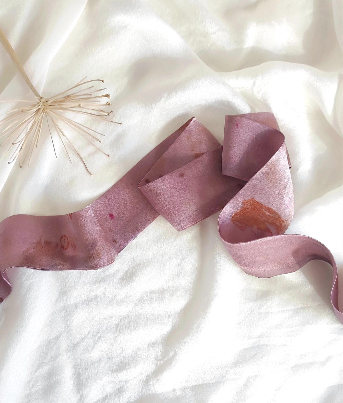 Purple Satin Silk Hair Ribbon, Botanical Print organic ribbon, Naturally Dyed sustainable headband for curly hair