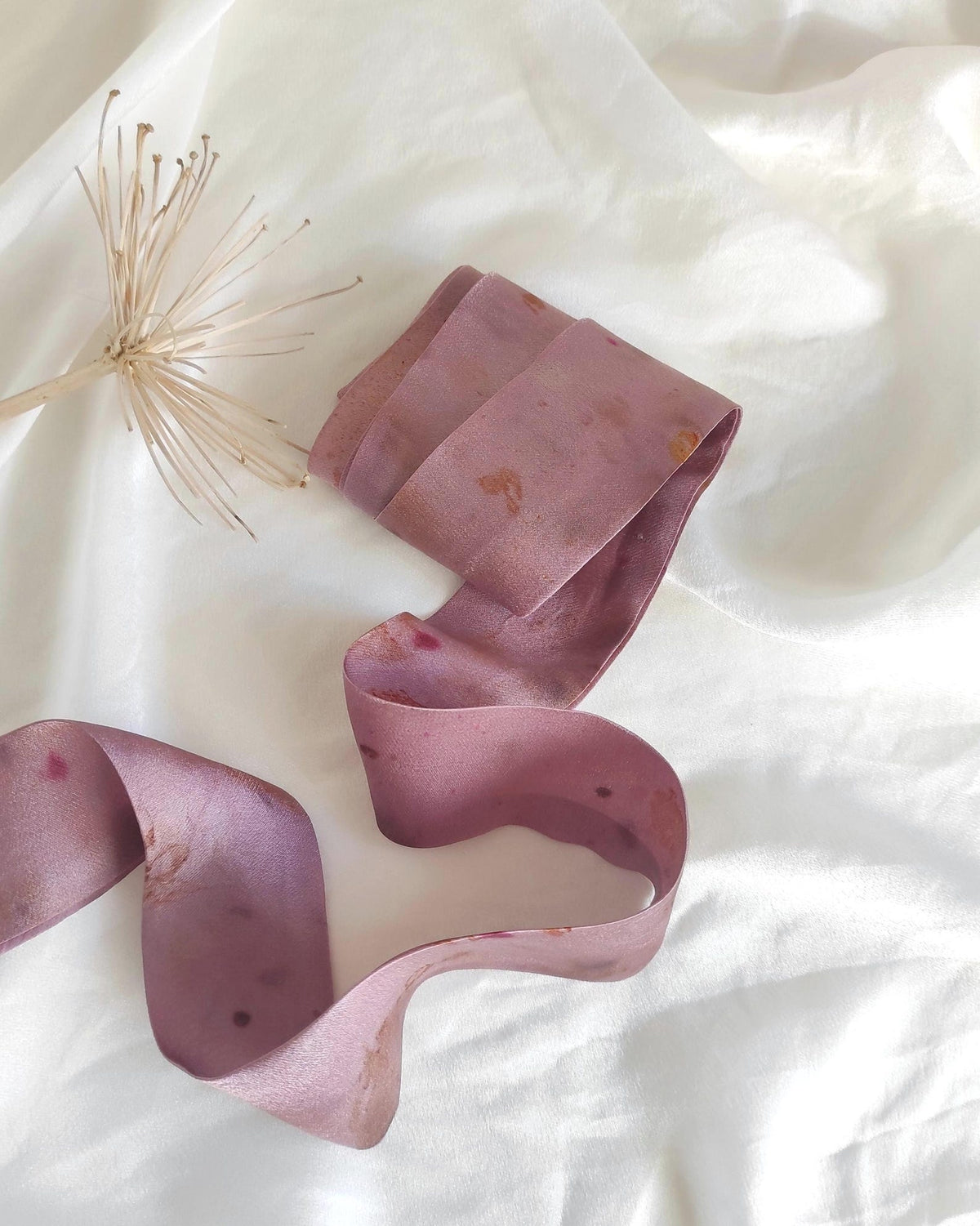 Purple Satin Silk Hair Ribbon, Botanical Print organic ribbon, Naturally Dyed sustainable headband for curly hair