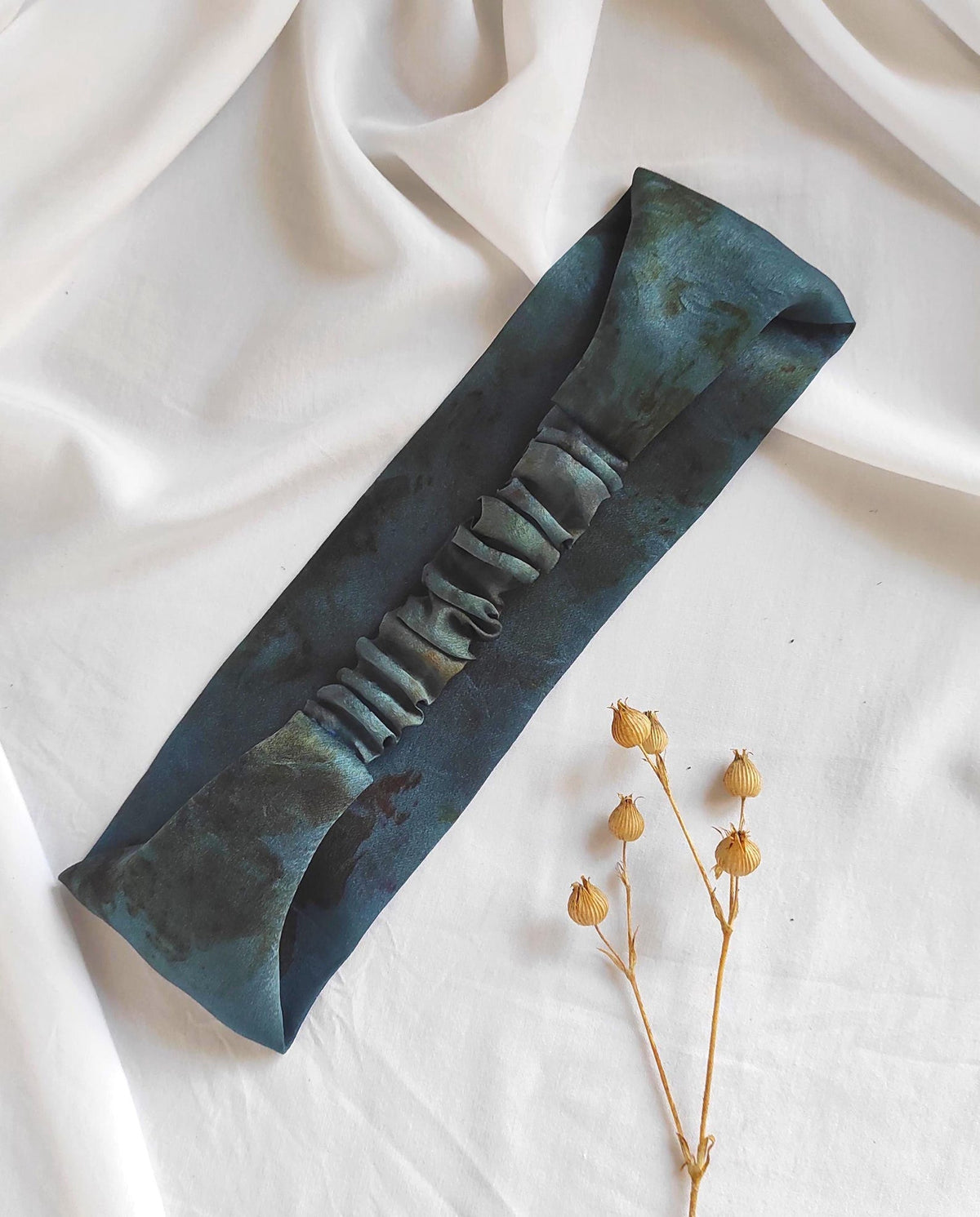 Natural Dyed Silk Headband, Copper Blue Floral Print Turban, Wide Hair Band