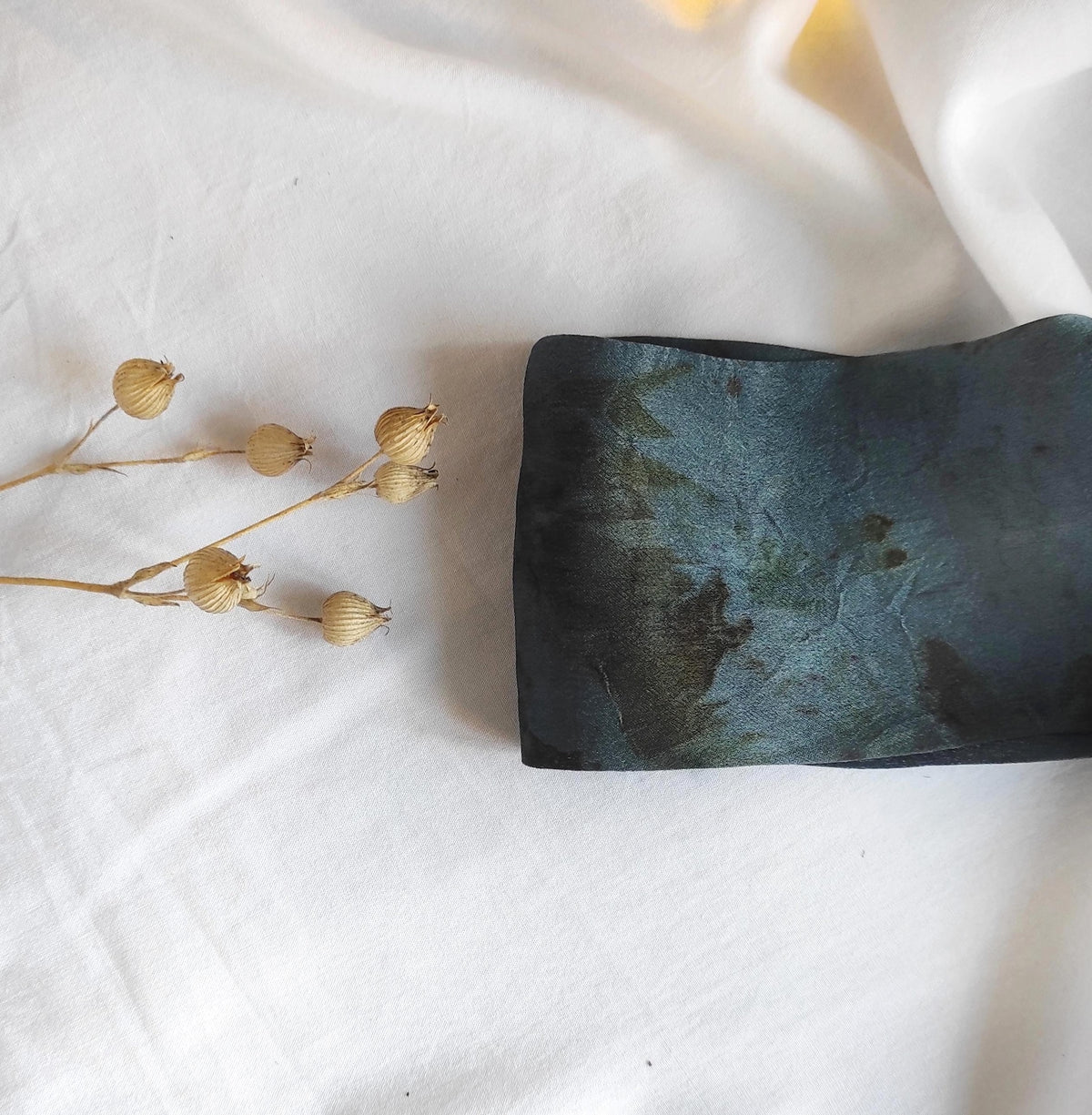 Natural Dyed Silk Headband, Copper Blue Floral Print Turban, Wide Hair Band