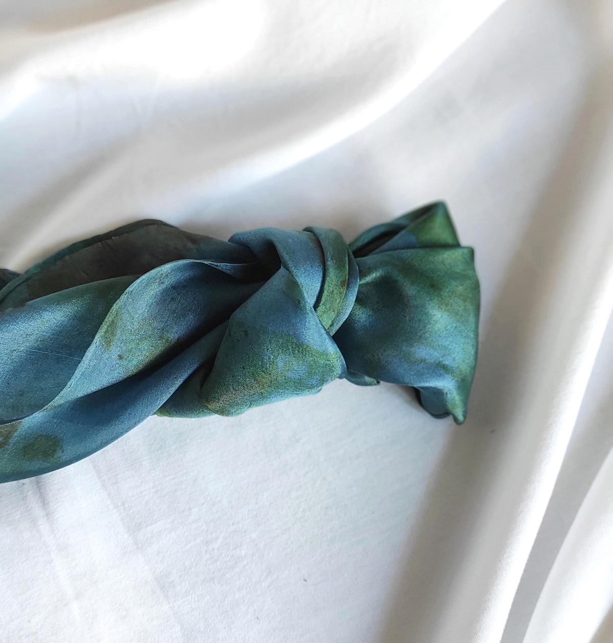 Copper blue color dyed natural silk bandana, Natural print with leaves silk scarf, Plant dyed organic light scarf for gift