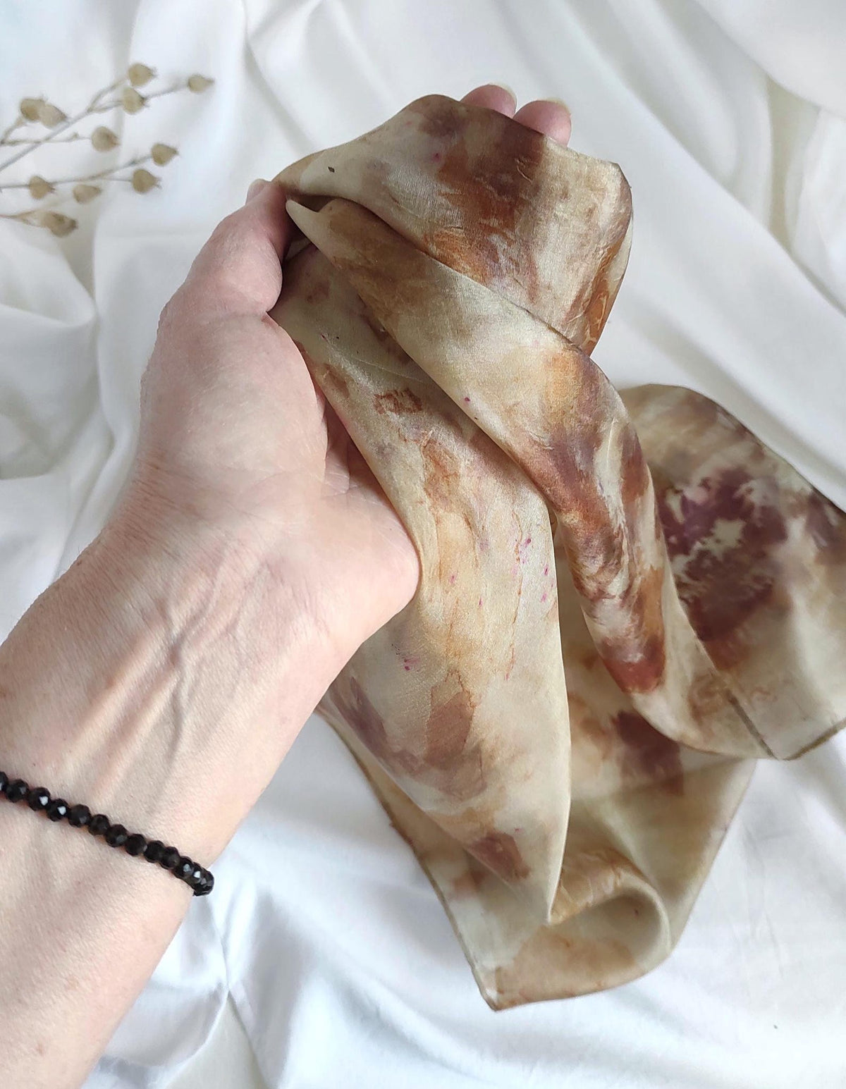 Botanical Eco-Print Silk Scarf, Natural Brown Bandana, Handmade Organic Accessory