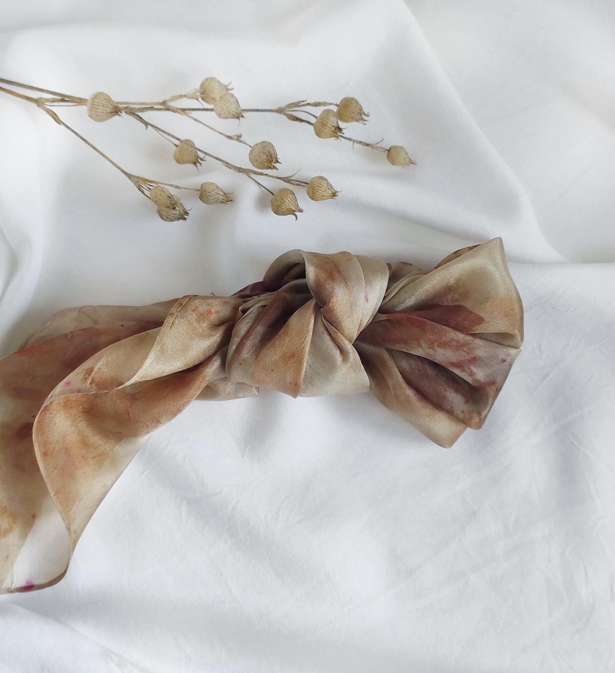 Botanical Eco-Print Silk Scarf, Natural Brown Bandana, Handmade Organic Accessory