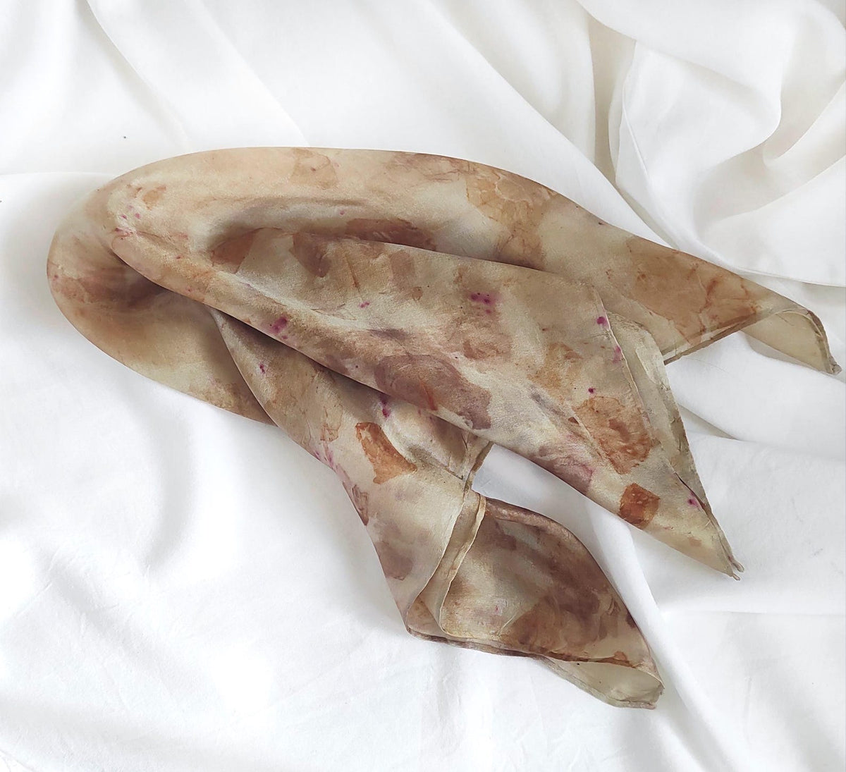 Botanical Eco-Print Silk Scarf, Natural Brown Bandana, Handmade Organic Accessory