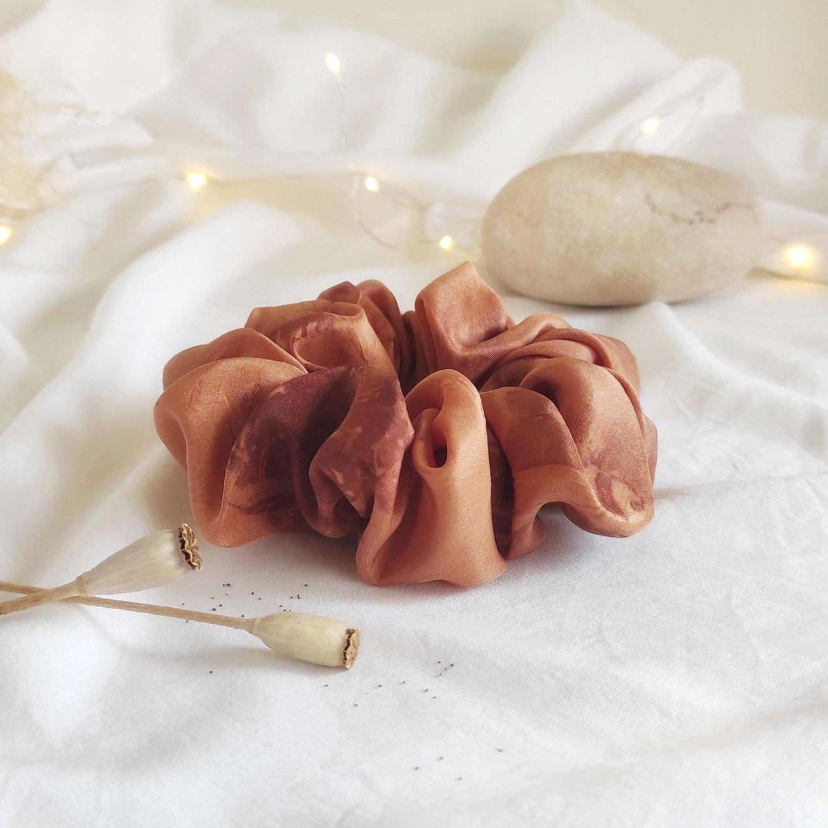 Rust color organic scrunchie, Botanical dyed mulberry silk hair tie curly hair, Natural eco-print scrunchy for coworker
