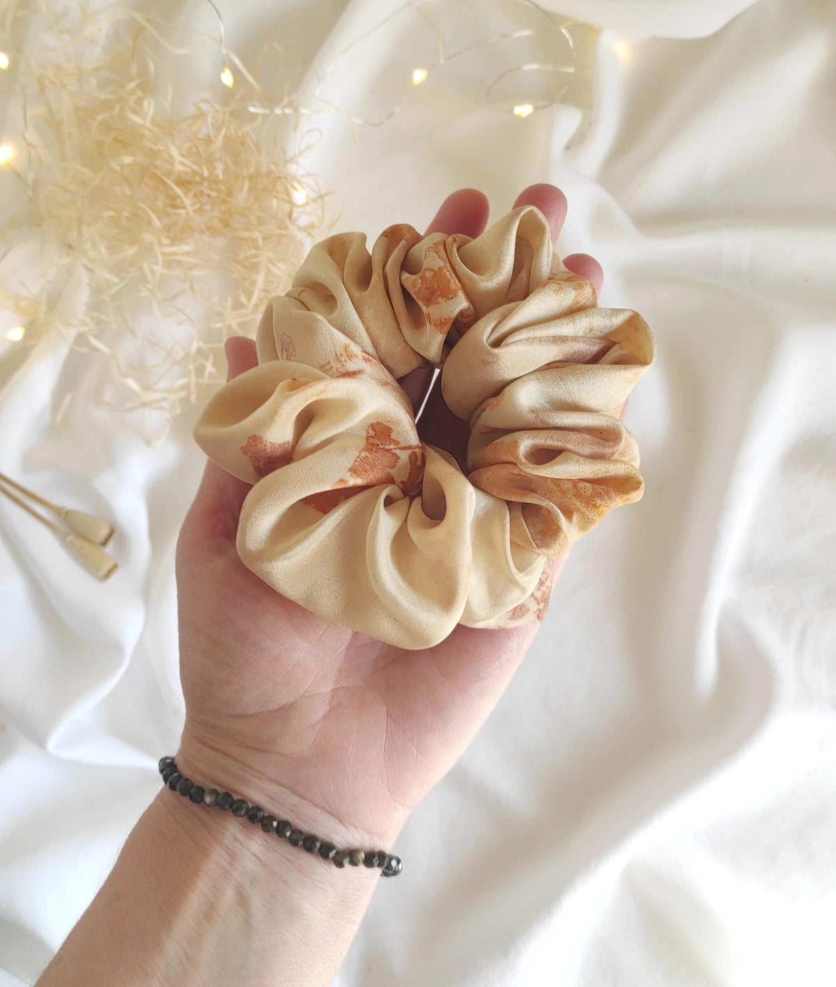 Bone color silk scrunchie, Organic hair tie for curly hair tie, Eco-print soft hair elastic summer