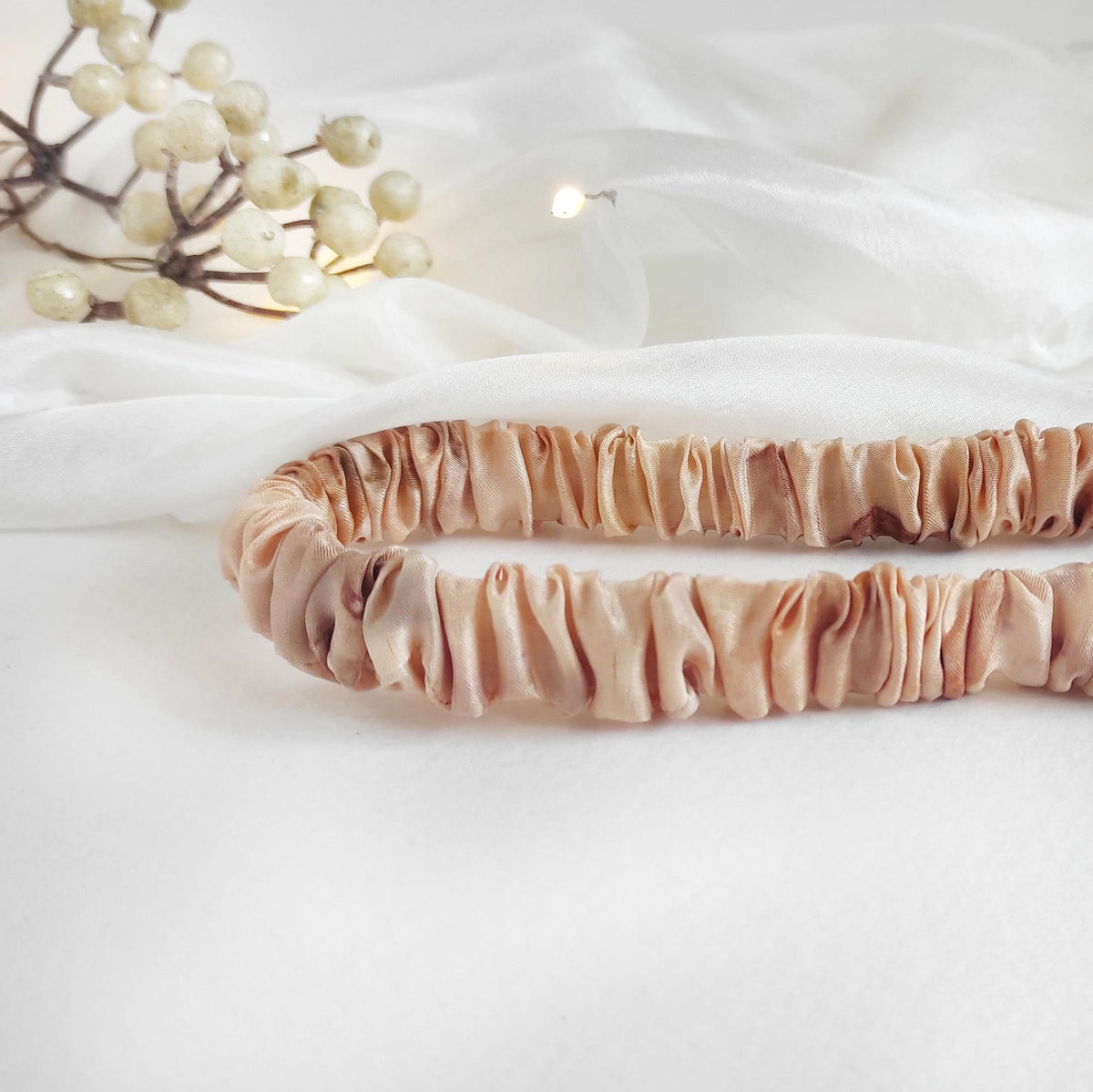 Organic silk headband with leaf natural print, Botanically dyed thin headband light orange color, Ecofriendly stretchy hairband gift for her