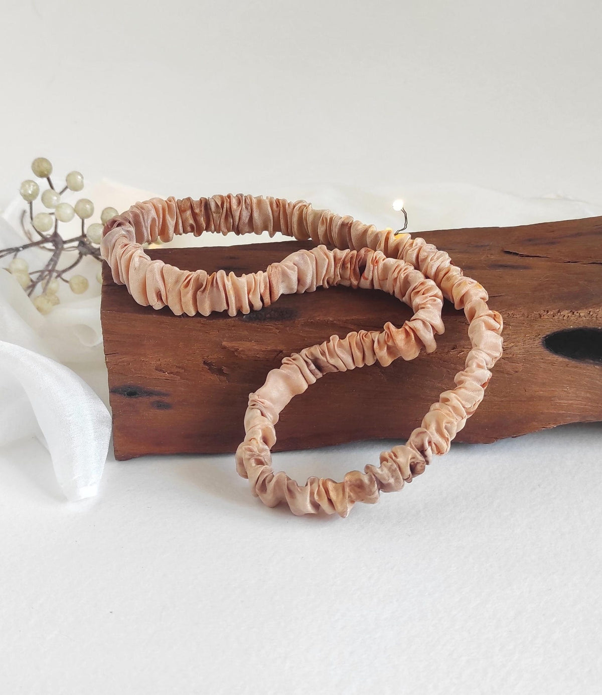 Organic silk headband with leaf natural print, Botanically dyed thin headband light orange color, Ecofriendly stretchy hairband gift for her