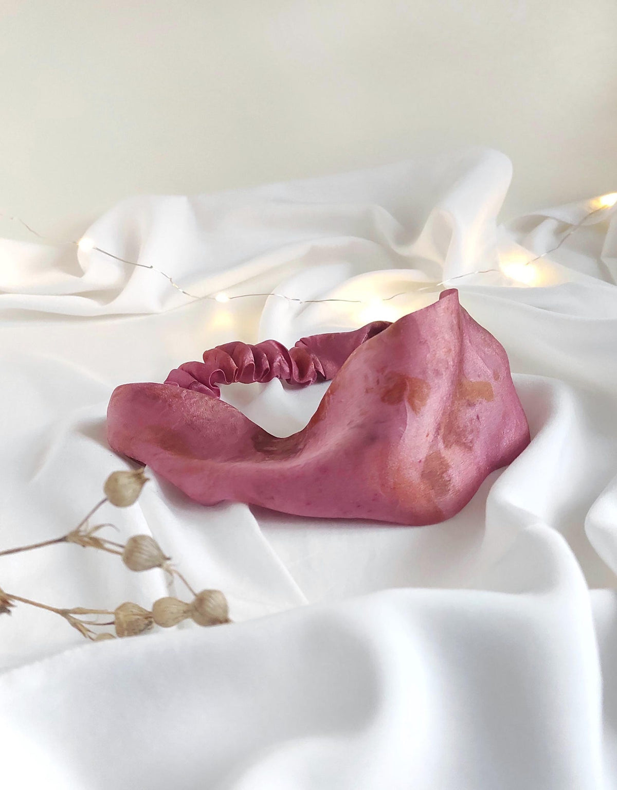 Natural print dyed silk Headband wide, Dyed organic silk hair band in tone pink, Pure silk elastic hairband for winter