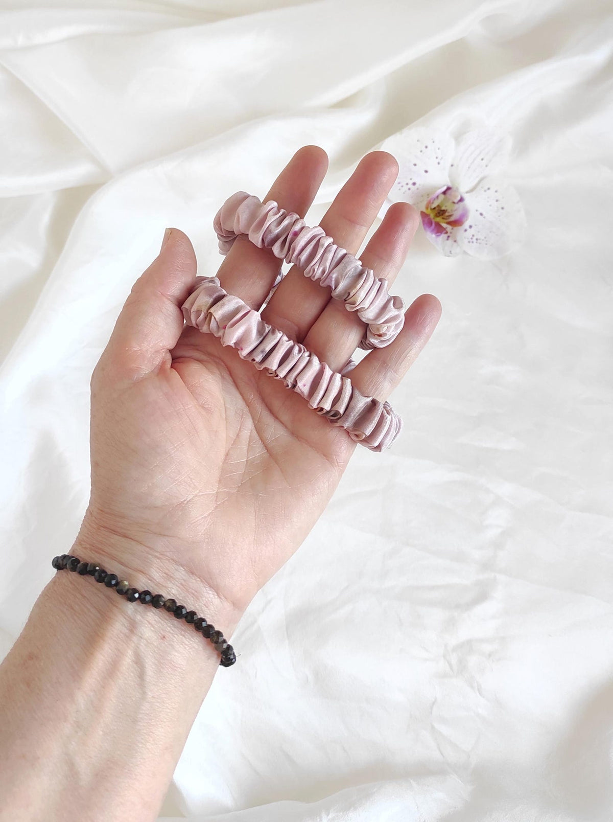 Lilac plant dyed silk headband, Elastic boho hair band, Natural Eco-print Accessory
