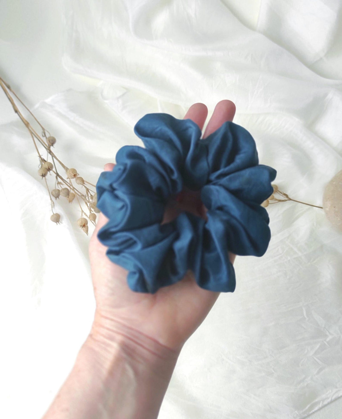 Organic Plant Dyed Silk Scrunchie, Dark Blue Boho Hair Tie, Eco-Friendly Botanical Dye elastic