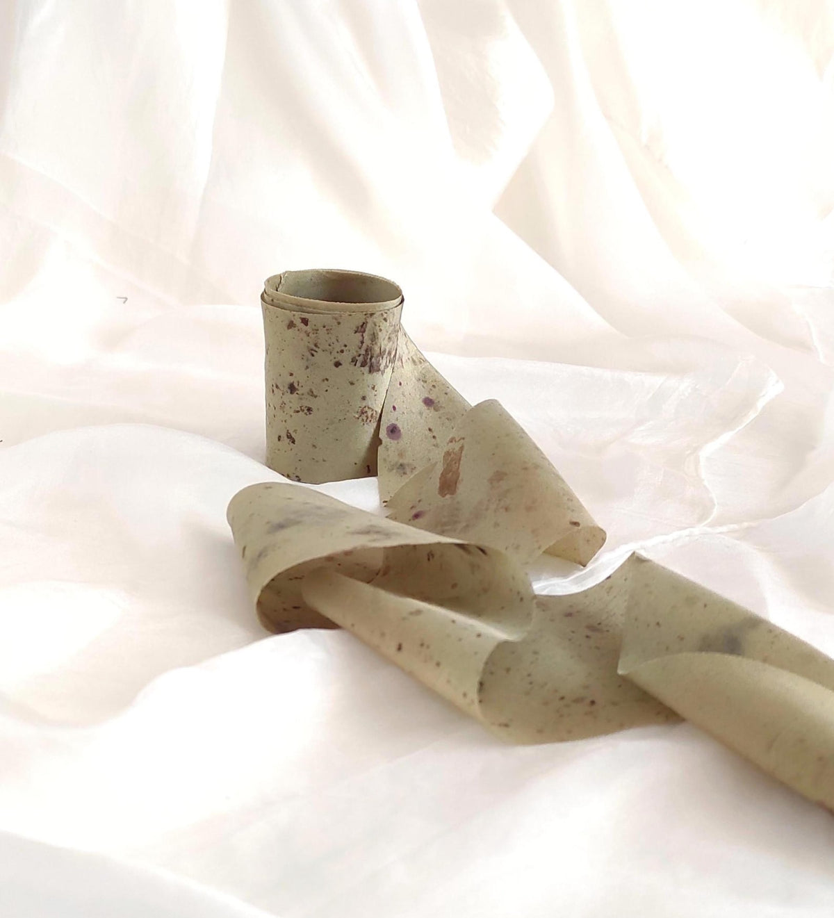 Botanically dyed mulberry silk ribbon, Handmade plant print organic ribbon, Leaf print natural ribbon wrapping gift