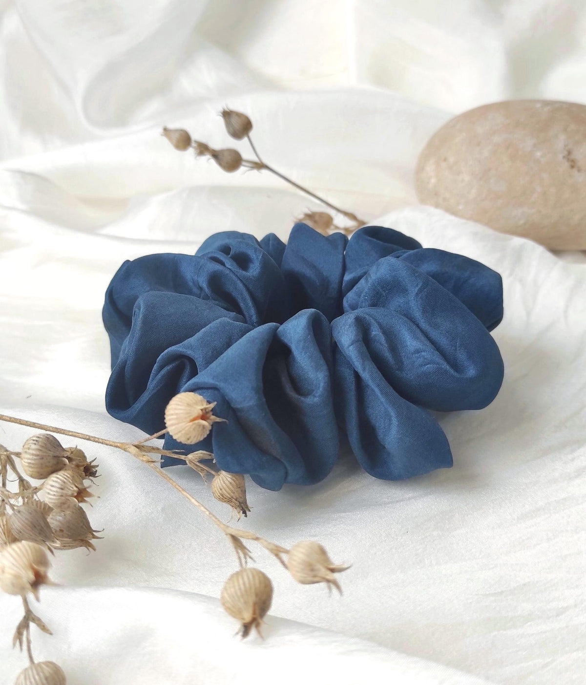 Organic Plant Dyed Silk Scrunchie, Dark Blue Boho Hair Tie, Eco-Friendly Botanical Dye elastic