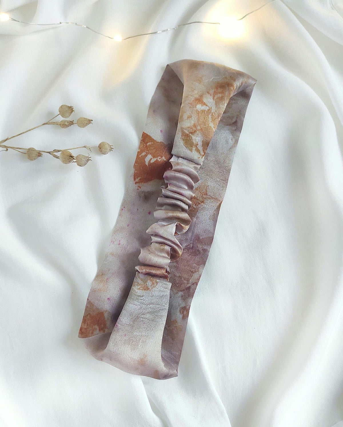 Mulberry Silk Headband, Light Mauve Botanical Print, Sustainable Hairband Gift