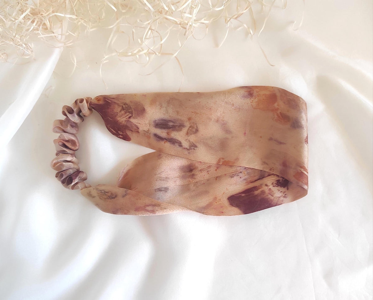 Handmade Real Silk Headband, Botanically Dyed Floral Print, Wide Stretchy Hair Band