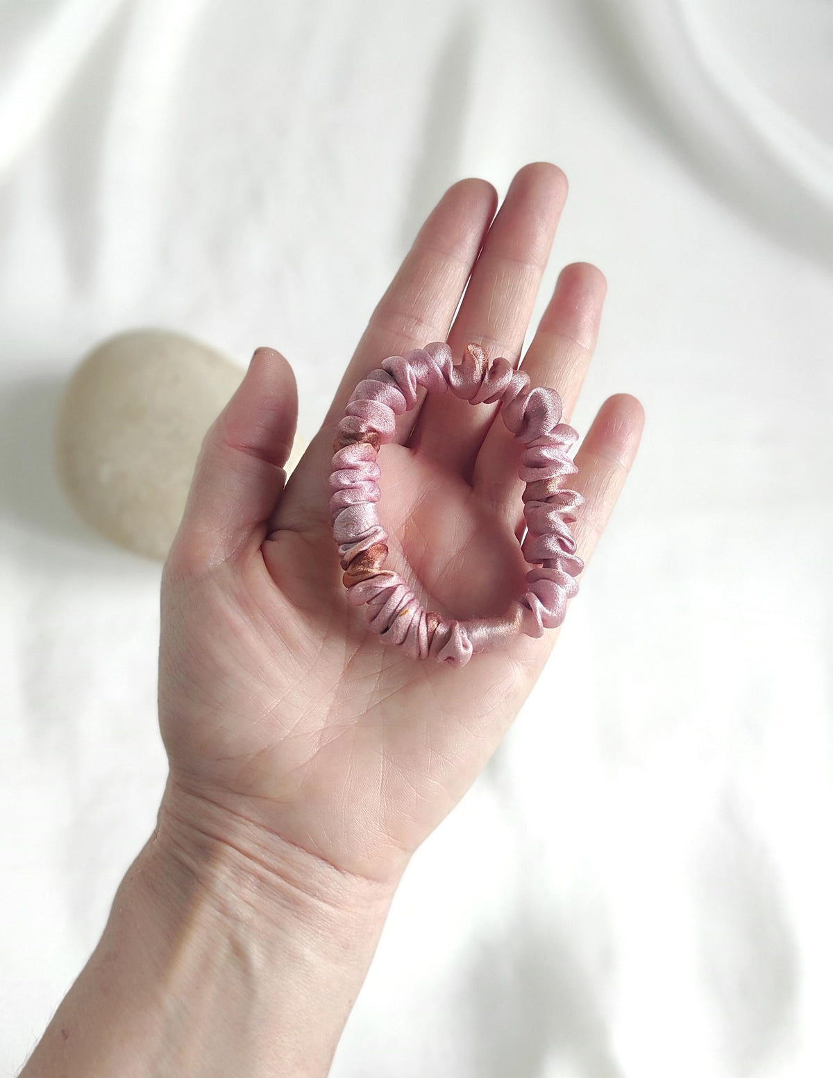 Plant dyed thin silk scrunchie in pink tone, Boho scrunchy eco friendly for ponytail hair, Organic hair tie gift woman