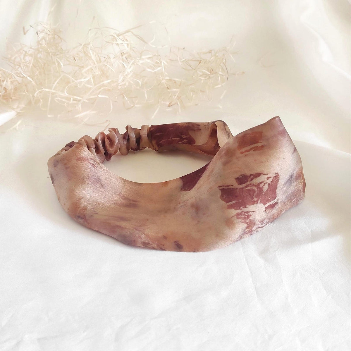 Handmade Real Silk Headband, Botanically Dyed Floral Print, Wide Stretchy Hair Band