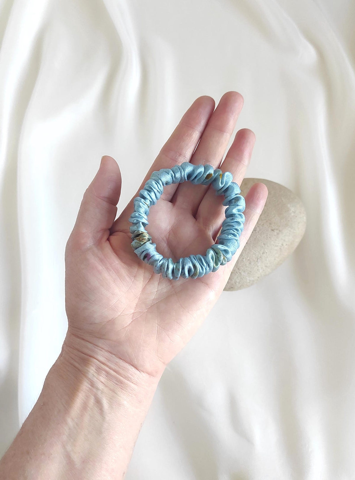 Hand Dyed Mulberry Silk Scrunchie, Sky Blue Organic Hair Tie for curly hair