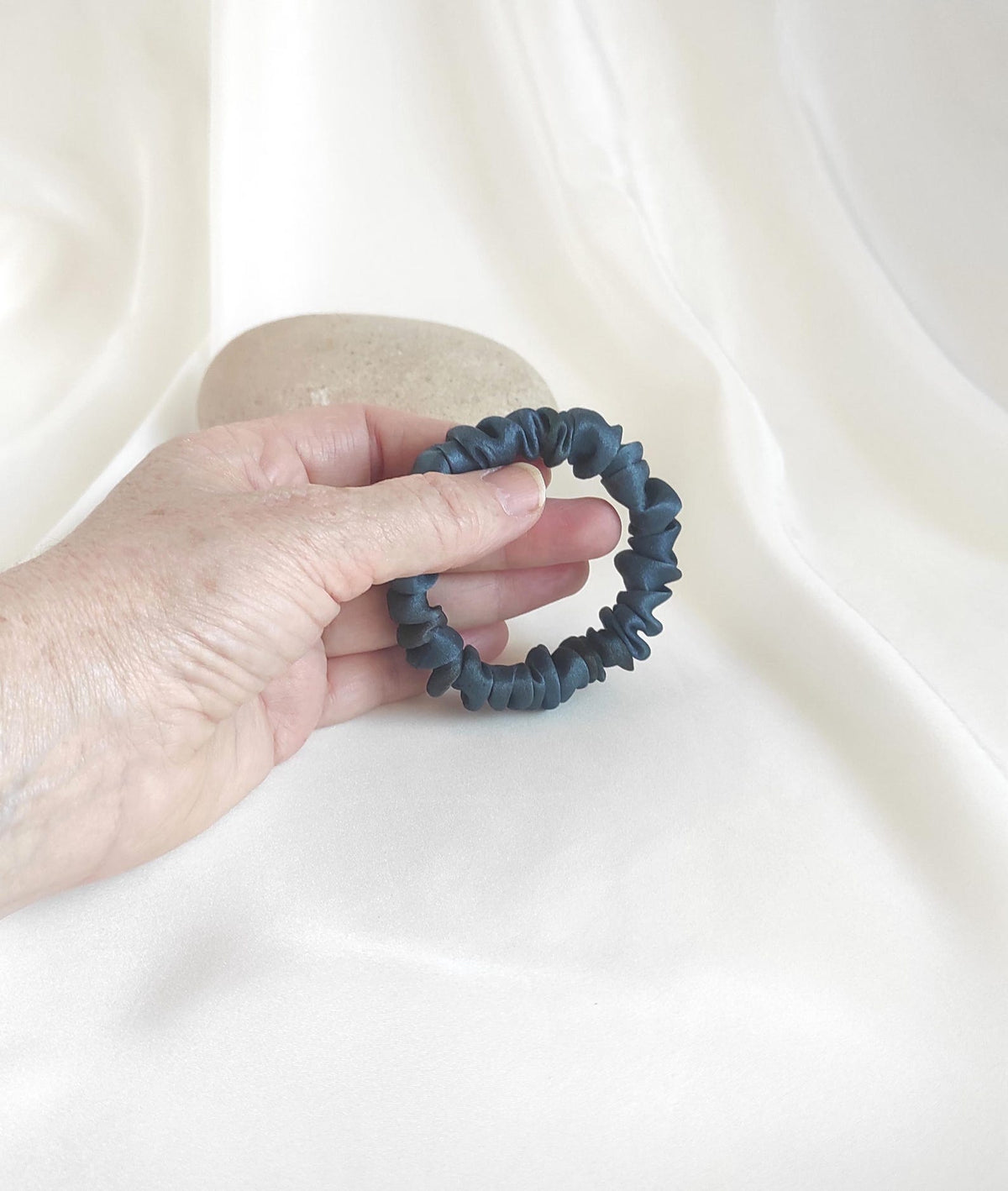 Plant dyed thin silk scrunchie, Natural scrunchy patina blue, Organic hair elastic for travel
