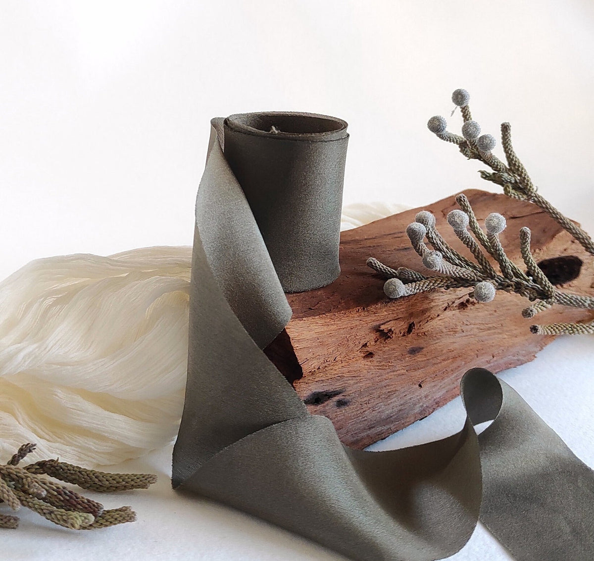 Naturally Dyed Wide Silk Ribbon, Charcoal Botanical Plant Dye, Handmade Elegant Gift Wrap