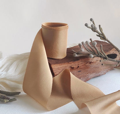 Handmade Terracotta Silk Ribbon, Naturally Dyed organic ribbon, Raw edge eco-friendly bouquet ribbon
