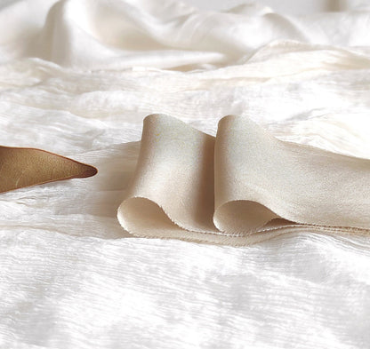 Champagne silk ribbon, Botanical plant dyed ribbon, Raw edge ribbon bridal bouquet