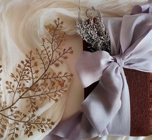 Botanically dyed silk ribbon, Mauve raw edge organic ribbon, sustainable long ribbon wedding bouquet