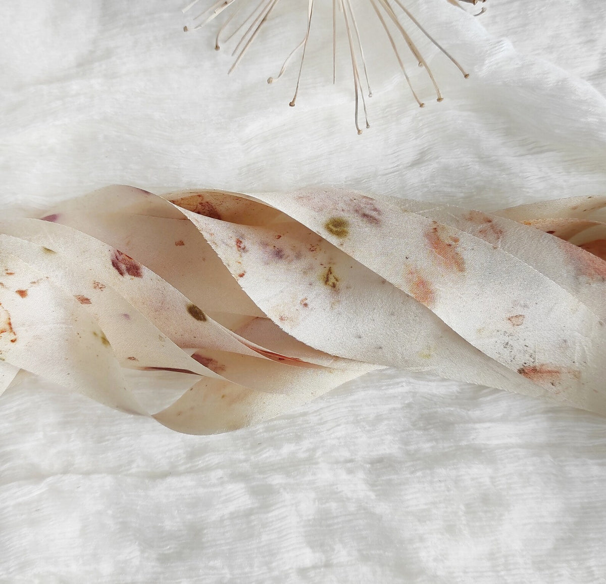 Botanical Print Mulberry Silk Ribbon, Ivory Organic Ribbon Lot